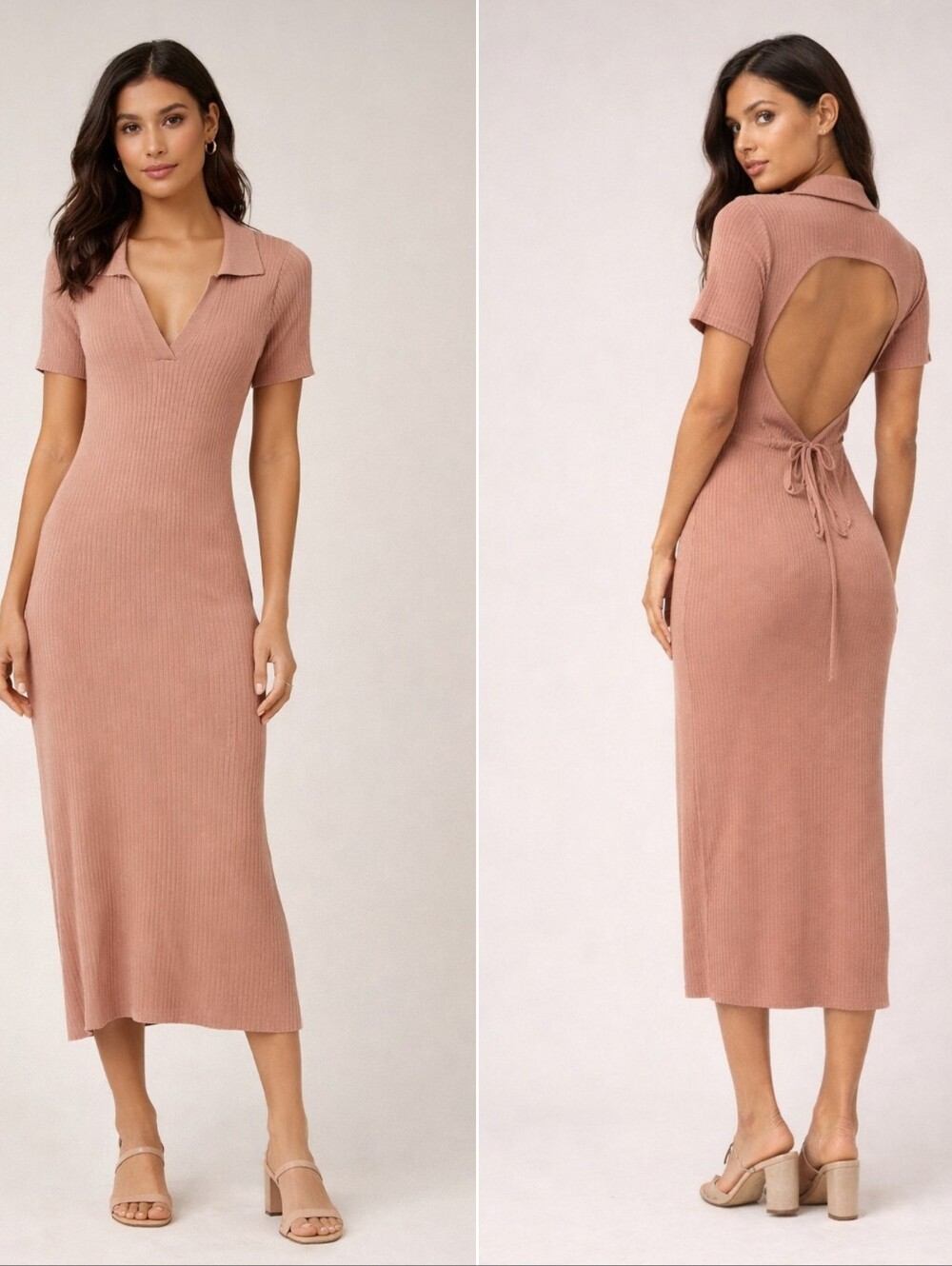 Petal & Pup Midi Dress Ribbed Knit Collared Open Back Slit Tan Brown Size 6